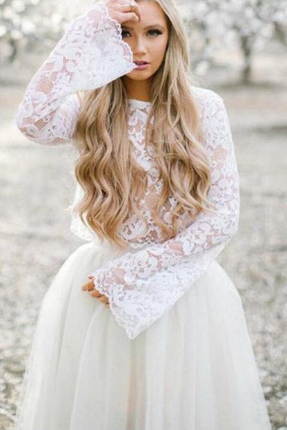 Zweiteiliges Homecoming-Kleid mit Spitzenoberteil und langen Ärmeln, kurzes Ballkleid