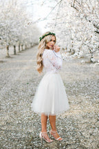 Two Piece Lace Top Long Sleeves Homecoming Dresses, Short Prom Dress