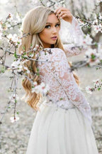 Two Piece Lace Top Long Sleeves Homecoming Dresses, Short Prom Dress