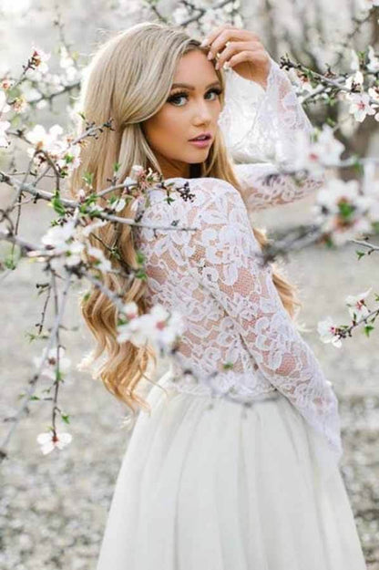 Zweiteiliges Homecoming-Kleid mit Spitzenoberteil und langen Ärmeln, kurzes Ballkleid