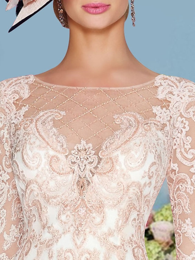 Long-Sleeve Knee-Length Sheath/Column Mother of the Bride Dress with Lace Beading Appliques
