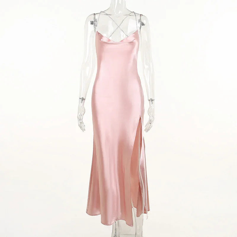 Abito lungo da sera rosa sirena sexy, abito da sera rosa scollato sulla schiena Y1933