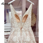 Custom Vintage Lace V Neck Tulle Wedding Dress Backless Bride Gown