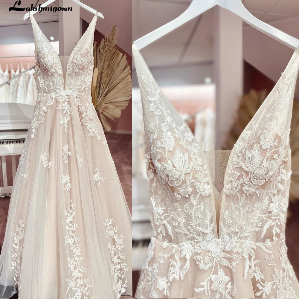 Custom Vintage Lace V Neck Tulle Wedding Dress Backless Bride Gown
