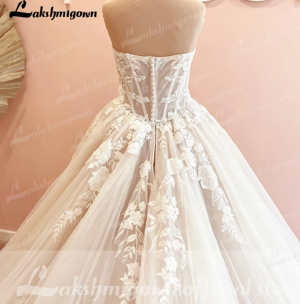 Custom Court Train Wedding Dress Featuring Tulle Lace Bodice Gown