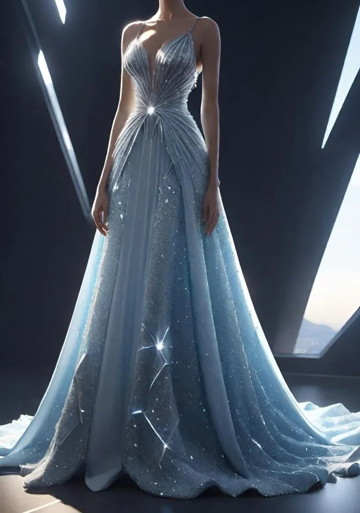 Robe de soirée longue formelle bleue scintillante ornée de perles Y8355