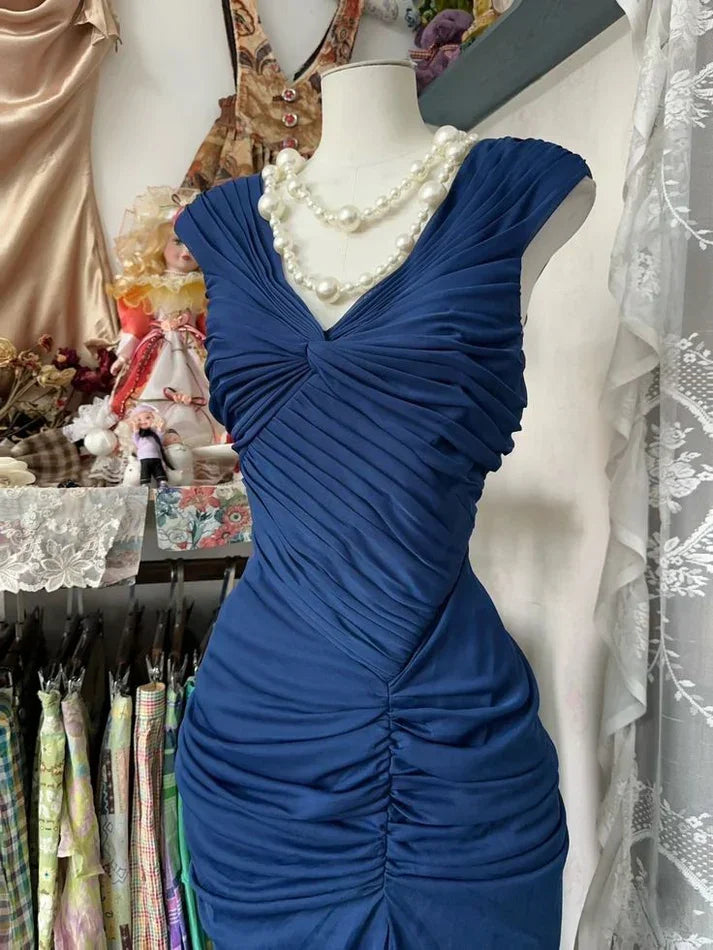 Abito da sera vintage in chiffon blu marina arricciato, modello sirena, per festa o ballo Y8076