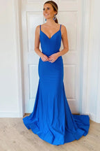Vestidos compridos de baile azul com cauda de sereia, costas abertas e decote em V, Vestidos formais azuis com cauda de sereia, Vestidos de noite azuis com decote em V Y355