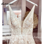 Custom Vintage Lace V Neck Tulle Wedding Dress Backless Bride Gown