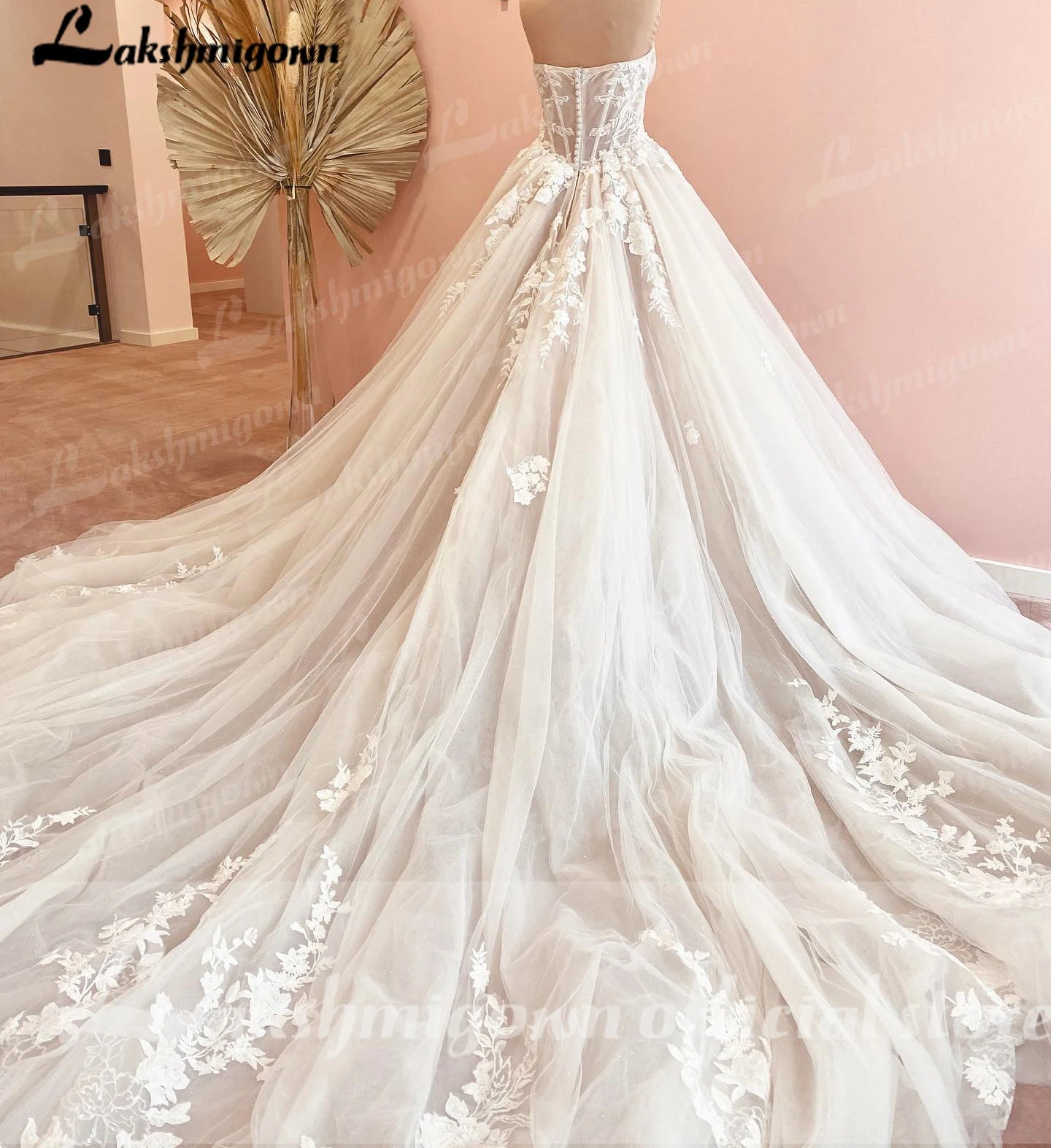 Custom Court Train Wedding Dress Featuring Tulle Lace Bodice Gown