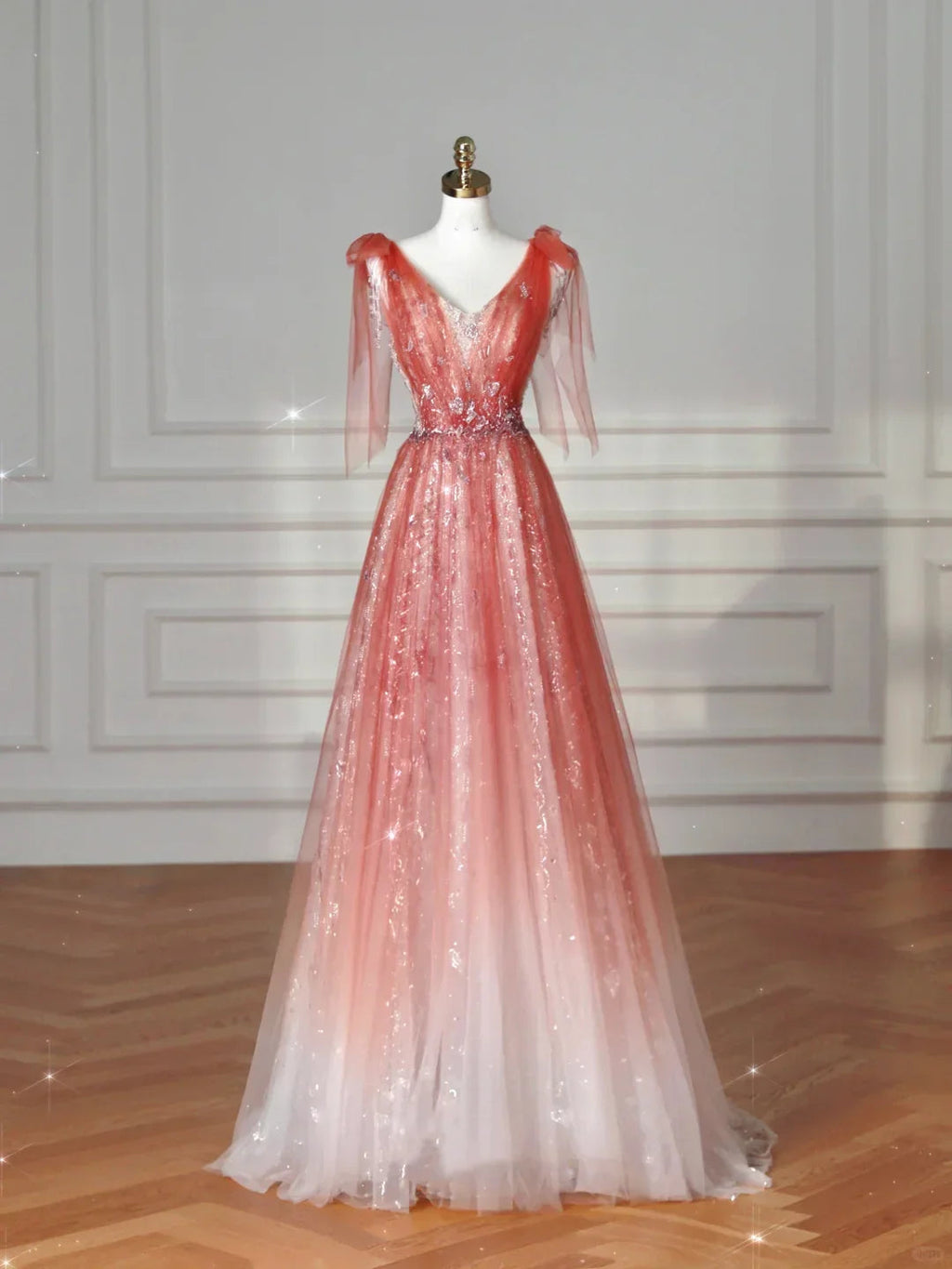 Abito da sera lungo a linea A con scollo a V elegante, tulle e paillettes, rosa fragola Y8614