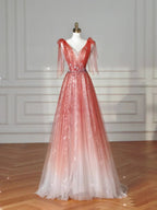 Abito da sera lungo a linea A con scollo a V elegante, tulle e paillettes, rosa fragola Y8614
