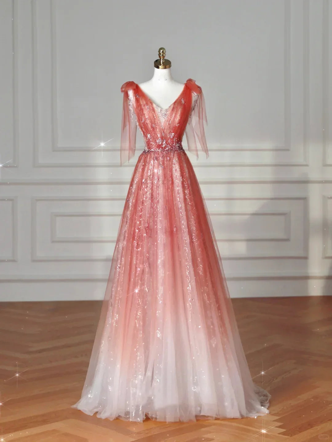 Abito da sera lungo a linea A con scollo a V elegante, tulle e paillettes, rosa fragola Y8614