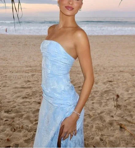Chic Blue Strapless Satin Print Floral Long Prom Dress Sheath Slit Evening Dress Y8152