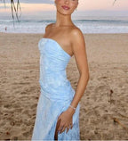 Chic Blue Strapless Satin Print Floral Long Prom Dress Sheath Slit Evening Dress Y8152