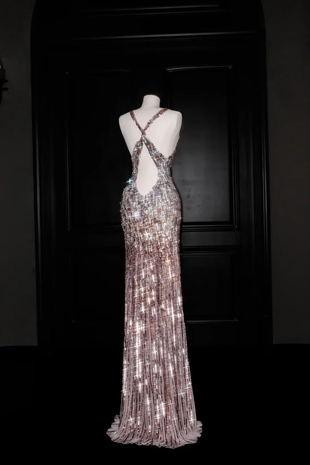 Abito da sera lungo formale con scollo profondo a V, senza schienale, ricoperto di paillettes di lusso, abito da ballo Y8683