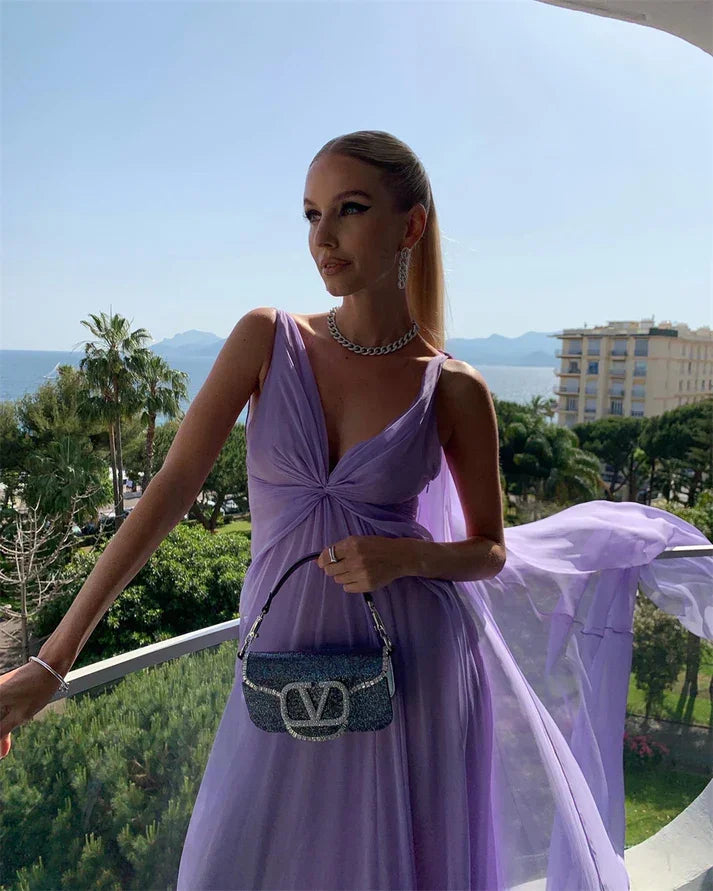 Abito da sera lungo semplice viola con scollo a V in tulle Y7774