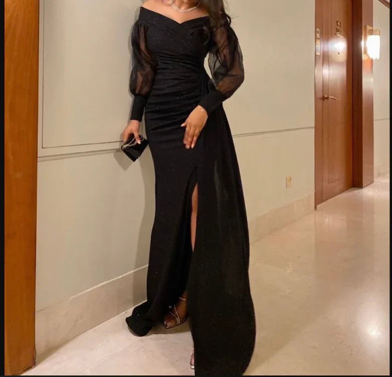 Abito da sera elegante nero a sirena, abito da gala nero Y5540