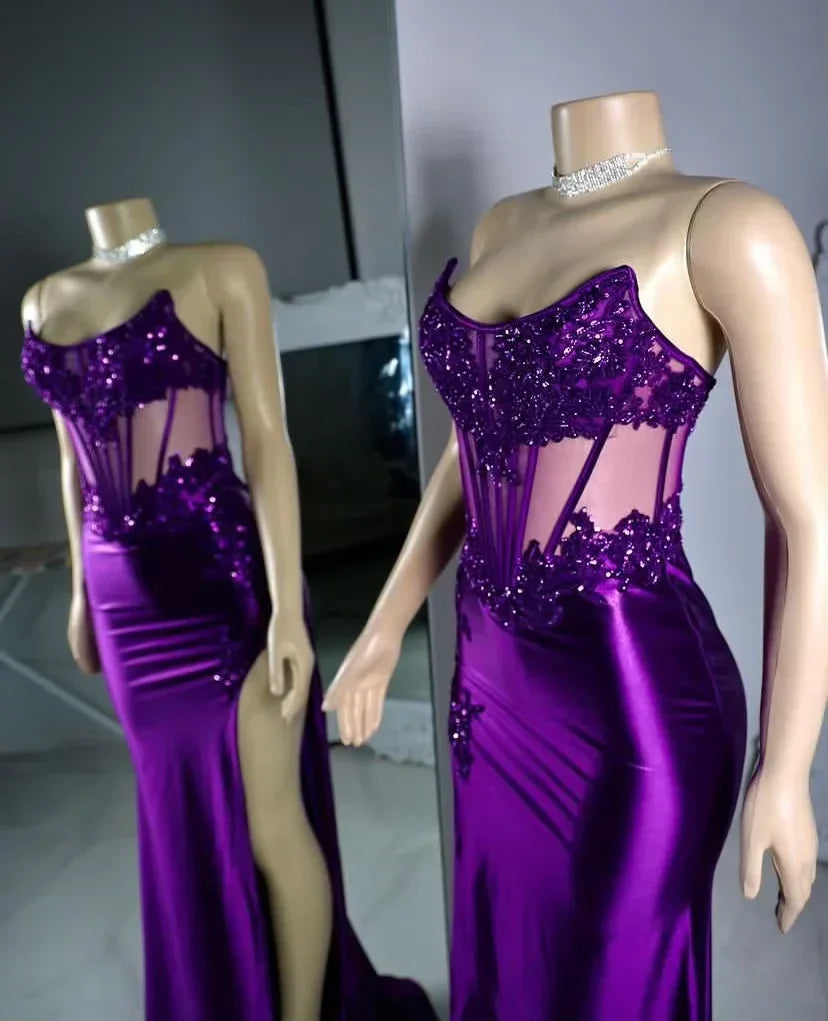 Vestido de Festa Roxo de Cetim com Aplicações de Renda, Sem Alças, Modelo Sereia, Sexy, com Fenda, Vestido de Noite Y8121