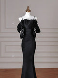 Elegante abito da sera nero in raso con spalline sottili e scollo a barca, modello sirena, abito da cerimonia Y8641