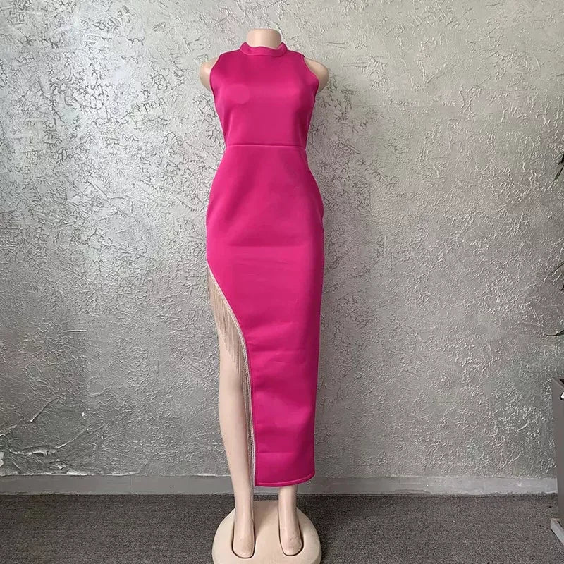 Abito da donna sexy lucido con spacco, frange e fasce, elegante abito lungo da sera Y407