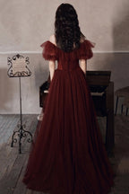 Robe de bal bordeaux à épaules dénudées en tulle, coupe ligne, robe de soirée Y8351