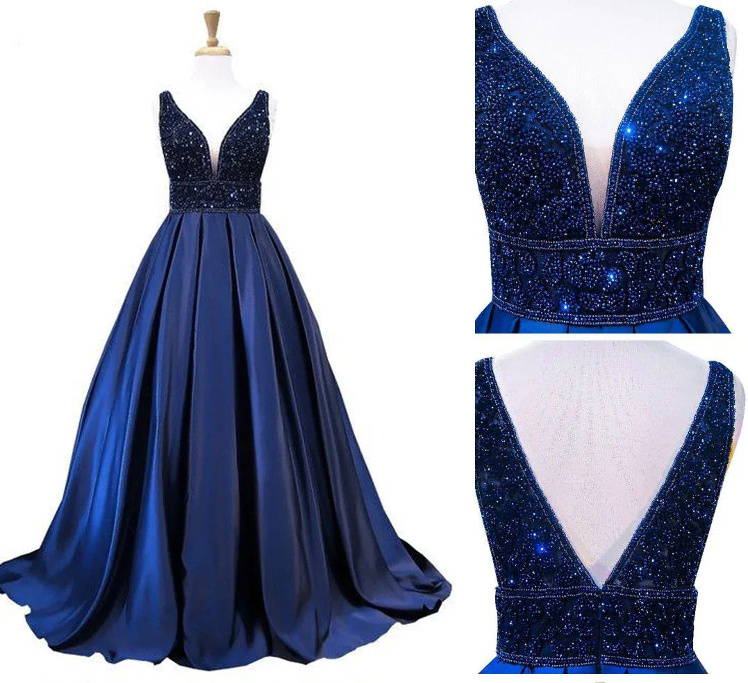 Abito lungo da sera donna blu navy con scollo a V, senza maniche, schiena scoperta, decorato con perline, abito formale da sera Y1193