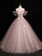 Vestido de noche formal elegante de tul rosa con lentejuelas, apliques de mariposas, modelo Y7996