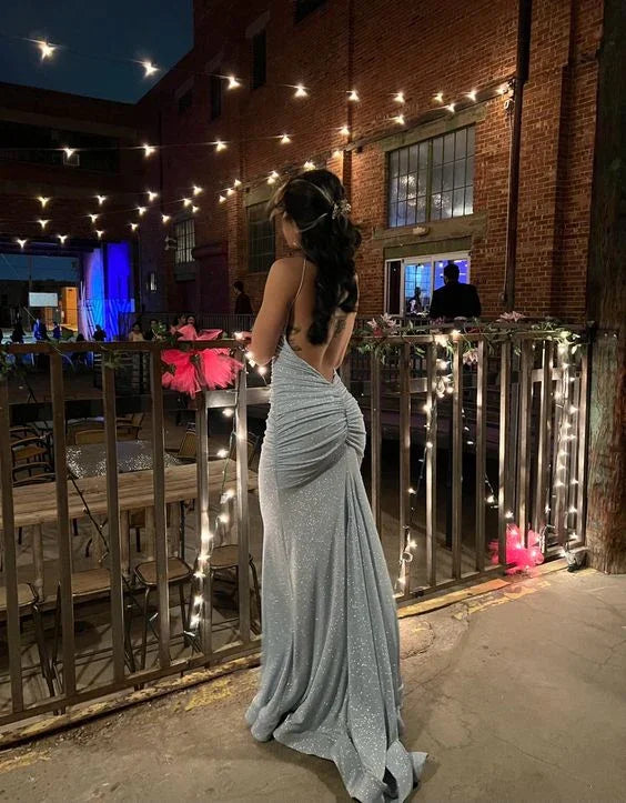 Robe de soirée bleue scintillante dos nu Robe de bal bleue Y7416
