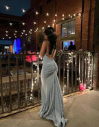 Robe de soirée bleue scintillante dos nu Robe de bal bleue Y7416