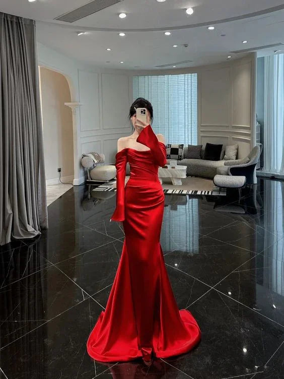 فستان سهرة أنيق بأكمام طويلة باللون الأحمر على شكل حورية البحر Y6704