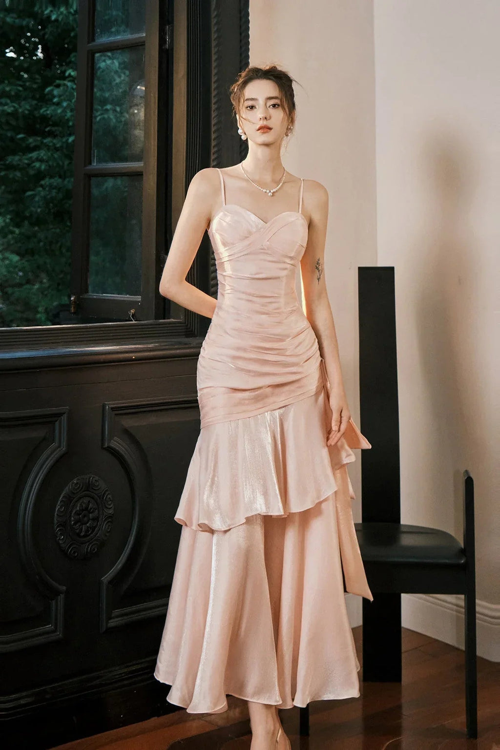 Vestido de Noite Sereia em Cetim com Alças Doce Coração Rosa Doce Vestido Longo de Baile Y8092