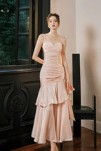 Vestido de Noite Sereia em Cetim com Alças Doce Coração Rosa Doce Vestido Longo de Baile Y8092