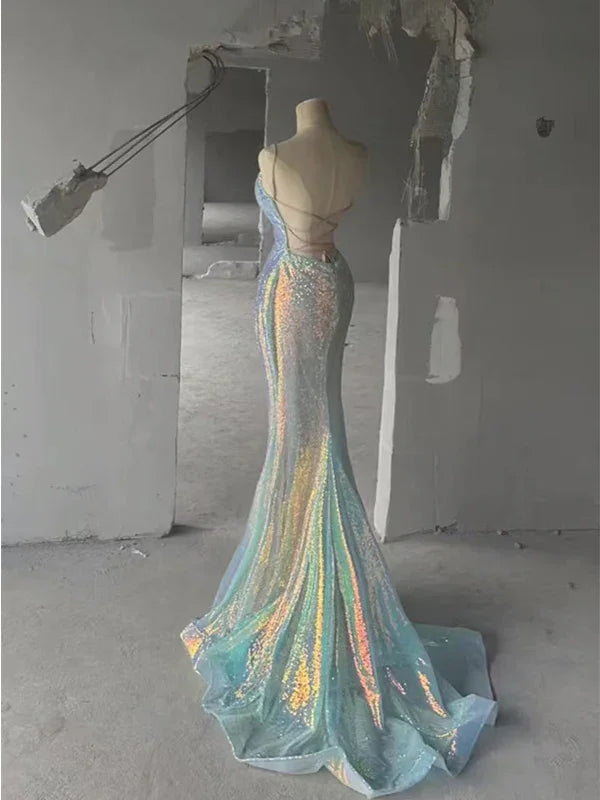 Vestidos longos de baile com alças finas cintilantes, lantejoulas, decote em V de sereia, costas descobertas, vestidos de noite Y7804