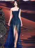Robe de soirée longue fendue bleu marine à une épaule en tulle et paillettes Y8356