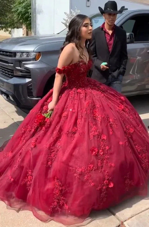 Robe de bal rouge avec fleurs en relief pour Quinceañera, robe de princesse pour 16 ans Y6469