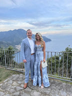 Vestido de noche elegante azul satinado con estampado floral, perlas en capas y cuentas, línea A con abertura, vestido de fiesta y baile Y8461