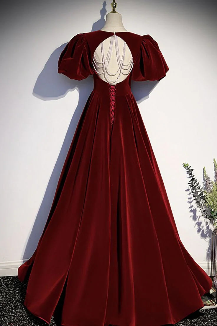 Vestido longo de veludo bordô para baile vestido de noite Y6348