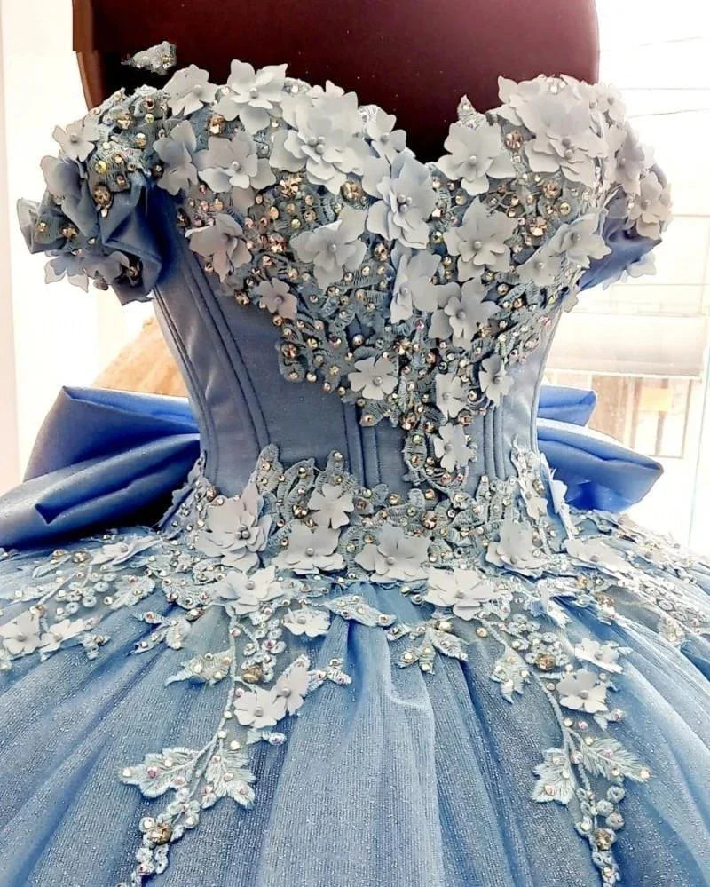 Perlenbesetzte Prinzessin Quinceañera-Kleider mit großer Schleife Süße 15 16 Ballkleid Y1485