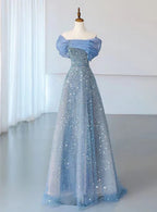 Vestido de Festa Azul em Tule com Lantejoulas, Ombros Descobertos, Pregas, Corte em A Y8041