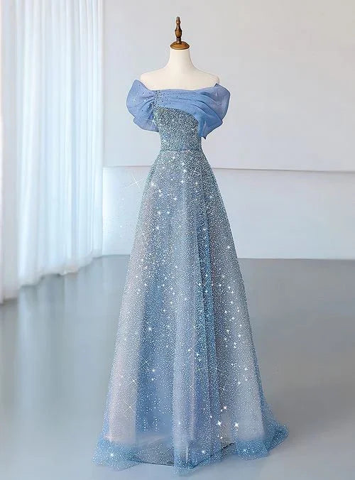 Vestido de Festa Azul em Tule com Lantejoulas, Ombros Descobertos, Pregas, Corte em A Y8041