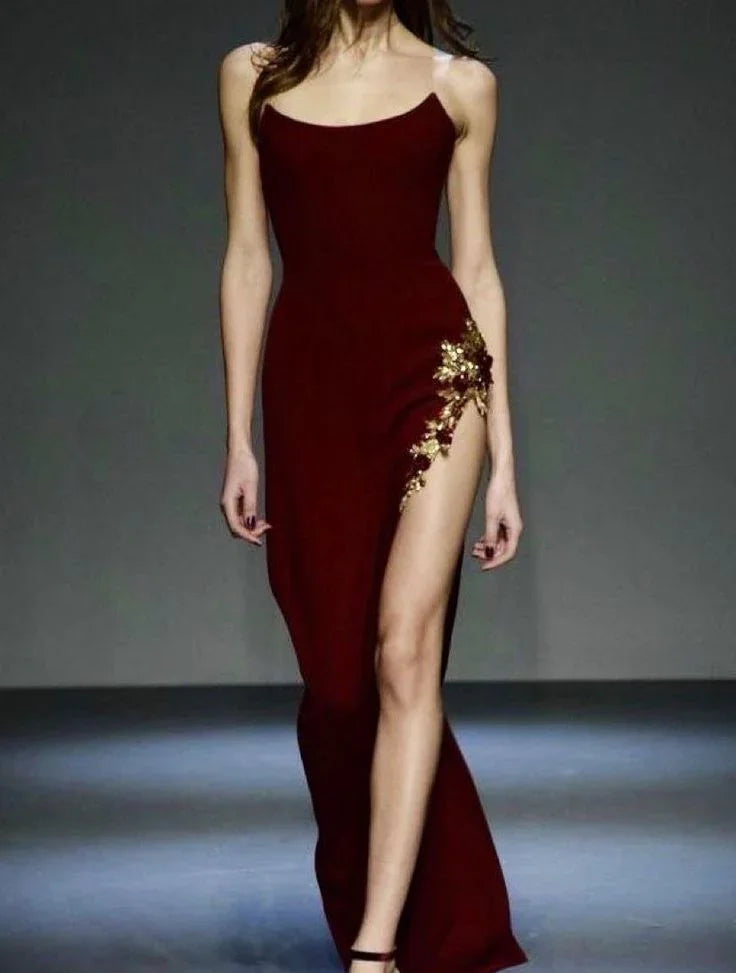 Vintage Burgundy Mermaid Appliques Evening Dress Side Slit Prom Dress Y7724