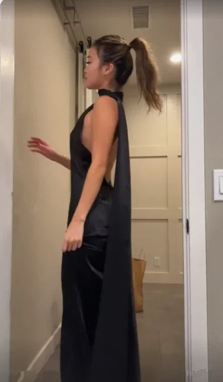 Vestido longo elegante preto, sem costas, para baile de finalistas, vestido de noite preto Y7426