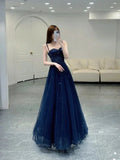 Robe de bal élégante en tulle bleu marine à bretelles, coupe trapèze, robe de soirée formelle Y6776