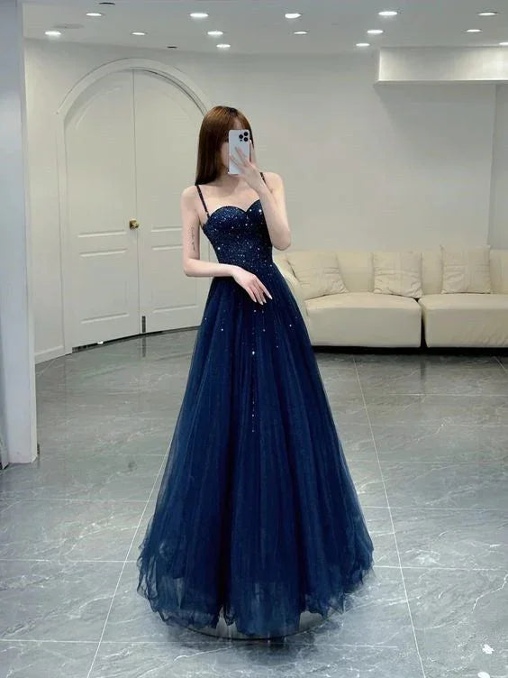 Vestidos de Festa Elegantes em Linha A com Alças, Tule Azul Marinho, Vestido Formal de Noite Y6776