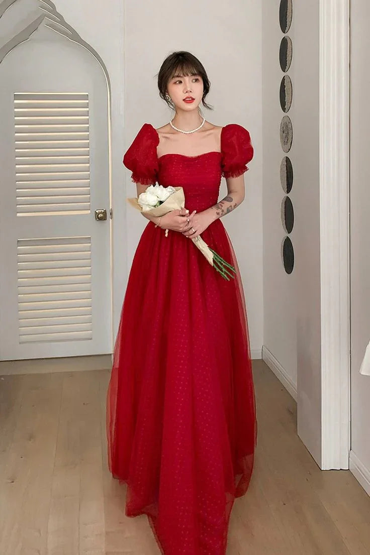Bellissimo abito da sera lungo in tulle rosso a linea ad A Y7771