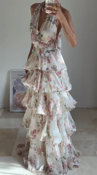 Abito da sera elegante in chiffon stampato floreale a linea ad A, senza schienale, scollo a V, con collo all'americana e strati, modello Y8501