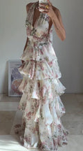 Abito da sera elegante in chiffon stampato floreale a linea ad A, senza schienale, scollo a V, con collo all'americana e strati, modello Y8501