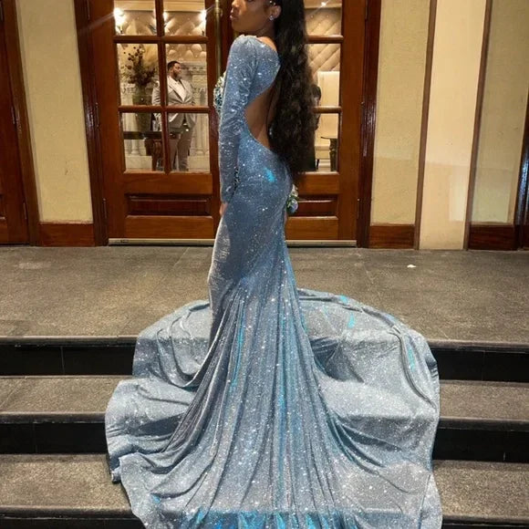 Vestido Formal de Baile com Aplicações de Contas em Cetim Azul Deslumbrante Vestido de Noite Sereia Sexy com Costas Descobertas Y7949