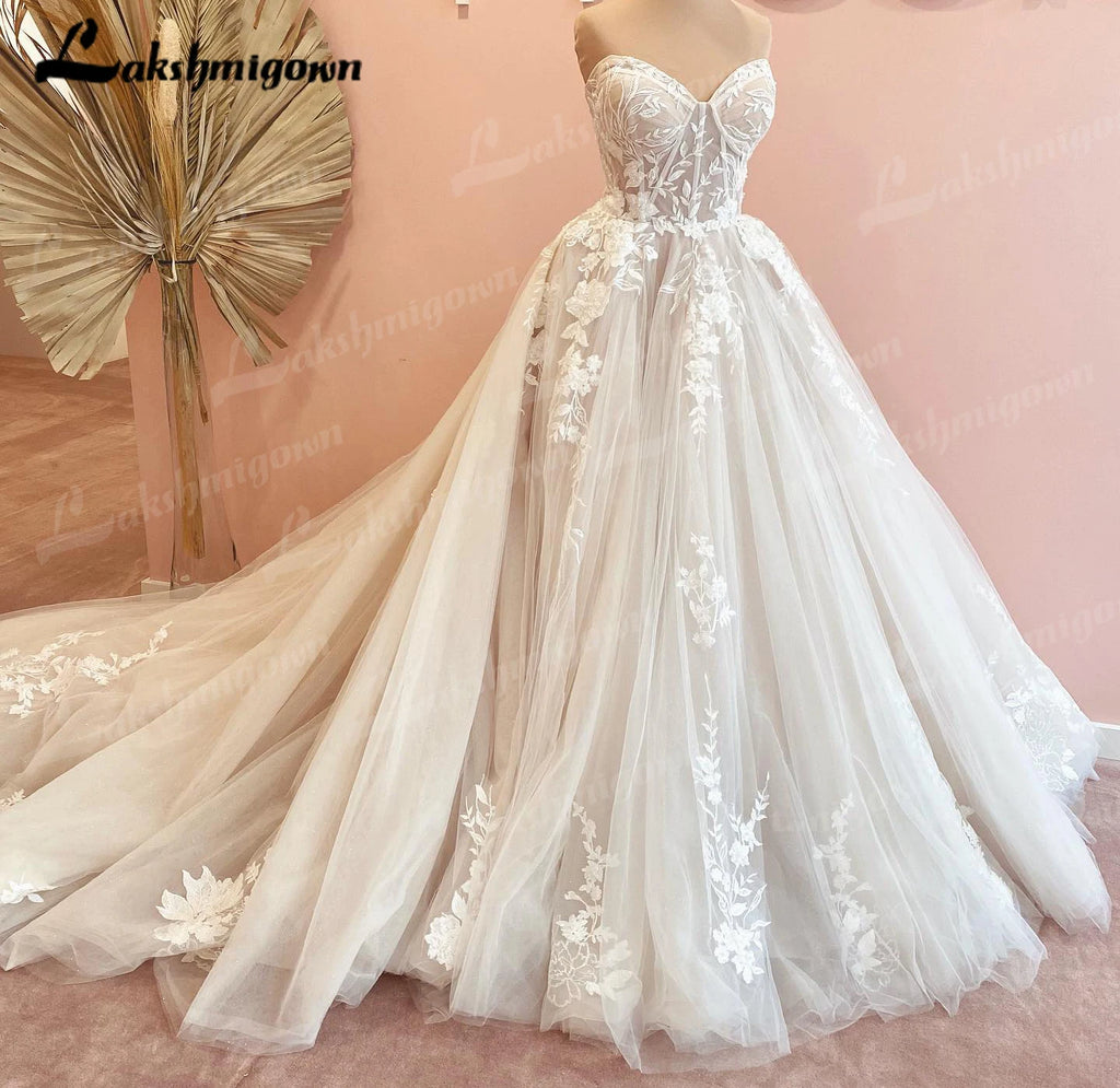 Custom Court Train Wedding Dress Featuring Tulle Lace Bodice Gown